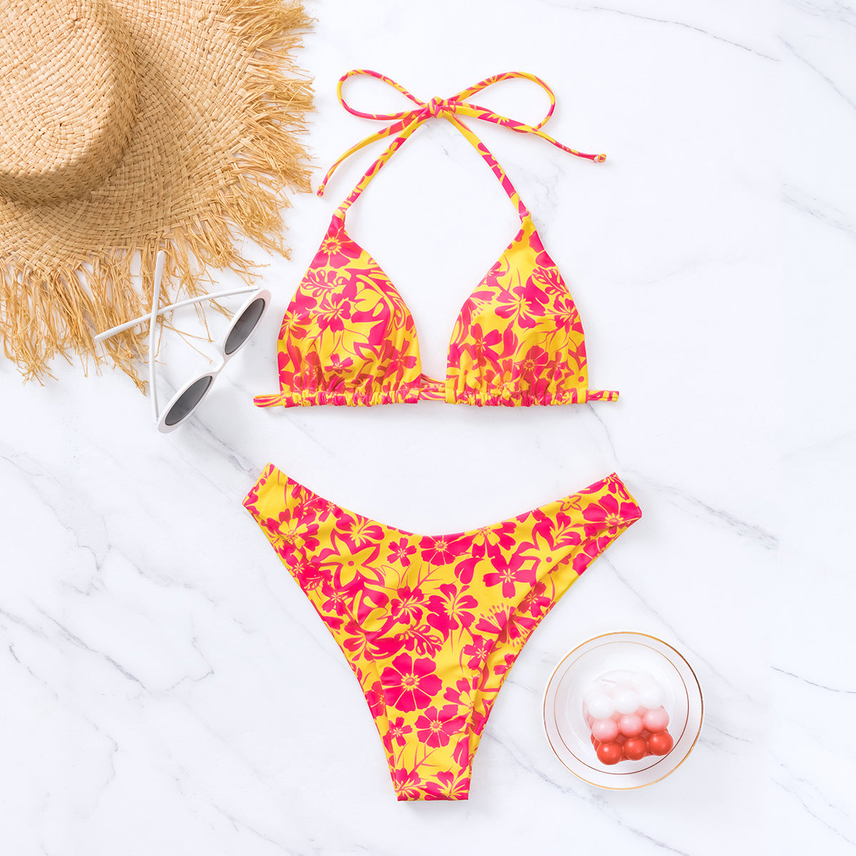 Women's Triangle Cup Printed Lace-up Sexy Bikini Swimsuit