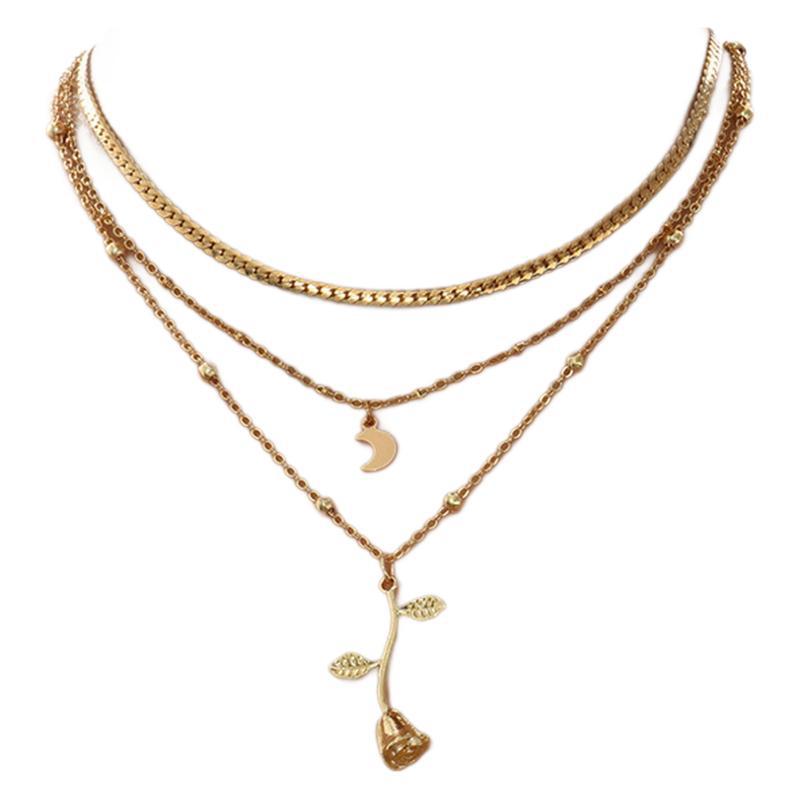 Bohemiska flerskiktade månguldfärgade hängenhalsband för kvinnor rosblomma chokerhalsband 2025 modesmycken festpresent alla hjärtans dag-presenter