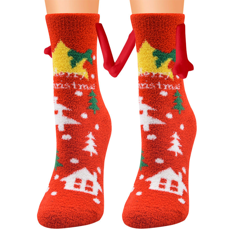 Jultillbehör Magnetsug Hand i Hand Parstrumpor Coral Fleece Tube Strumpor Varm Slipper Sängstrumpor Vinter Mjuk Varm Slipper