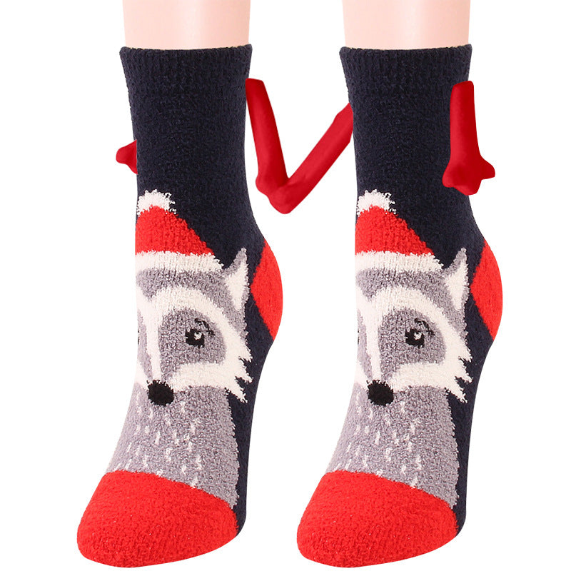 Jultillbehör Magnetsug Hand i Hand Parstrumpor Coral Fleece Tube Strumpor Varm Slipper Sängstrumpor Vinter Mjuk Varm Slipper