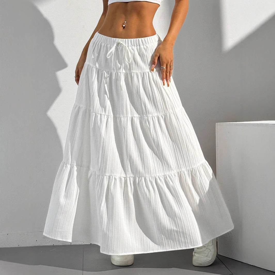 Professional White Lace-Up Large Swing Umbrella Skirt - Polyester Princess Style (4 Colors, S-XL, Fresh Sweet)