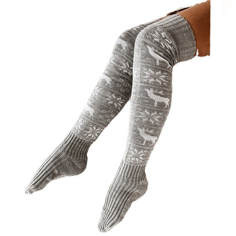 Vinter jul Varm stickad damstrumpa Vacker älg snöflinga jacquard över knäet Casual långa strumpor för dam presenter gratis storlek