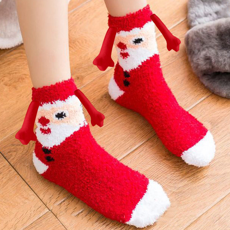Jultillbehör Magnetsug Hand i Hand Parstrumpor Coral Fleece Tube Strumpor Varm Slipper Sängstrumpor Vinter Mjuk Varm Slipper