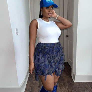 Street Trend Creative Stripes Tassel High Waist Slim Fit Skirt Women