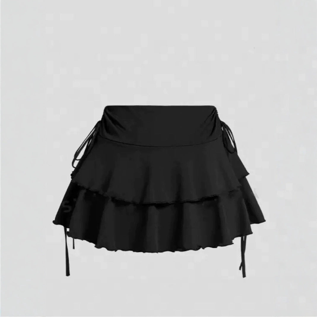 Professional Retro Irregular Pleated Skirt - Polyester Construction (Black, XS-L, Lace-Up Design)