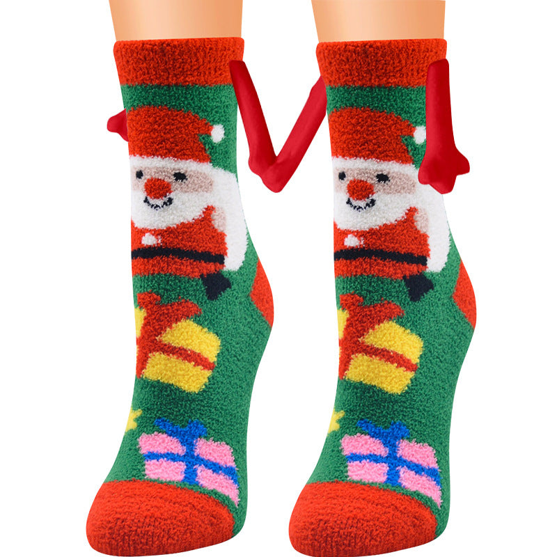Jultillbehör Magnetsug Hand i Hand Parstrumpor Coral Fleece Tube Strumpor Varm Slipper Sängstrumpor Vinter Mjuk Varm Slipper
