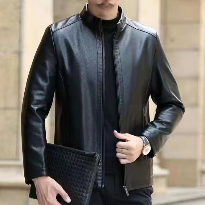 Veste en cuir pour hommes d'âge moyen vêtements en cuir avec col montant hommes doublés en polaire