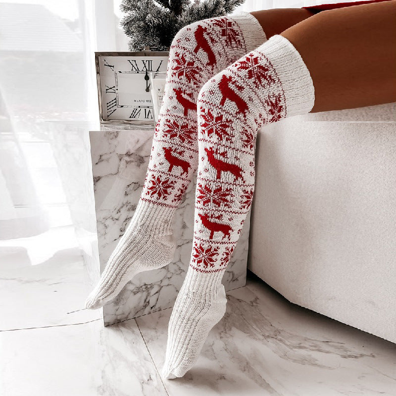 Vinter jul Varm stickad damstrumpa Vacker älg snöflinga jacquard över knäet Casual långa strumpor för dam presenter gratis storlek