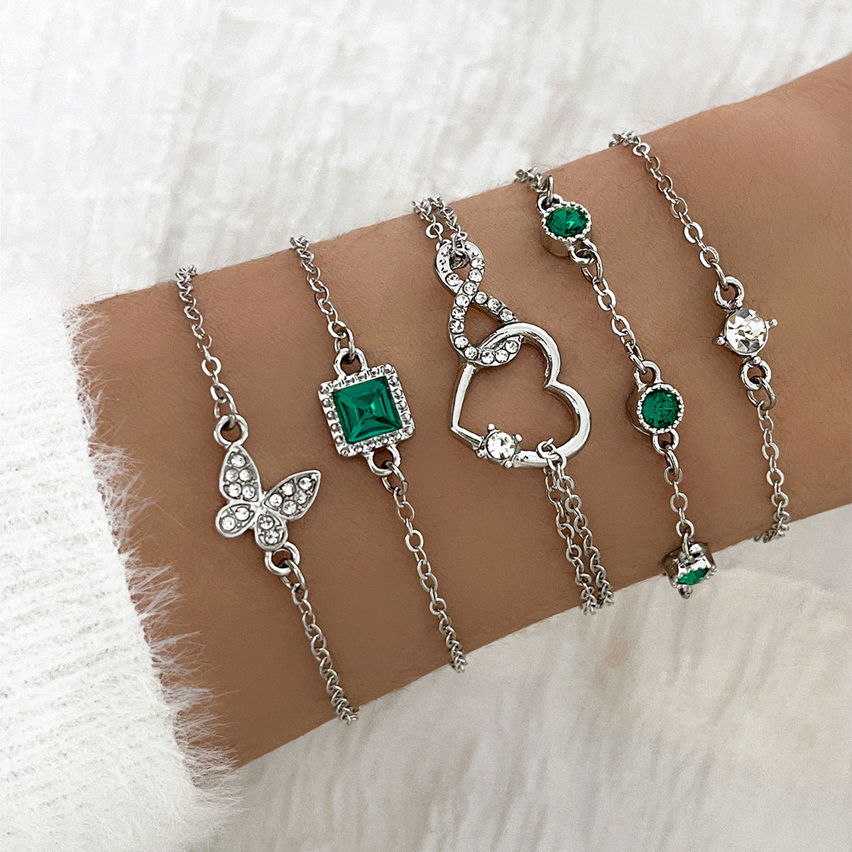 Bohemian 5 st Gröna Kristallarmband Smycken Set För Kvinnor Hjärta Armband Bröllop Förlovning Armband Mode Smycken