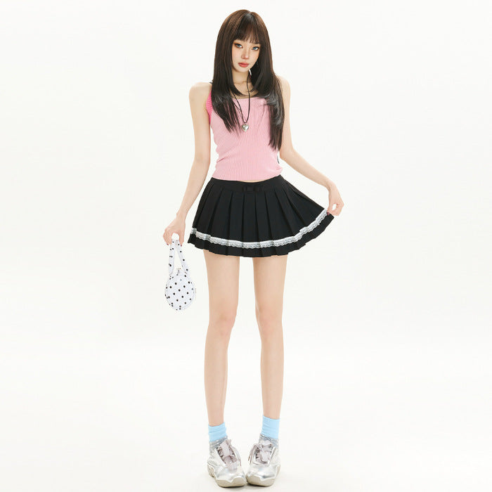 Sweet All-matching Bow Lace Stitching Half-length Pleated Skirt