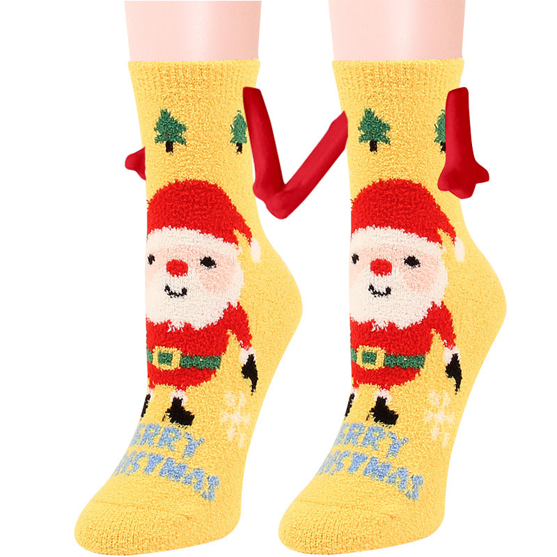 Jultillbehör Magnetsug Hand i Hand Parstrumpor Coral Fleece Tube Strumpor Varm Slipper Sängstrumpor Vinter Mjuk Varm Slipper