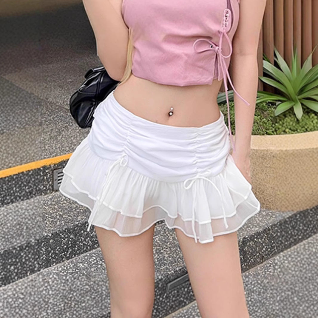 Professional Women's Sweet Girl Pleated Lace-Up Mesh Slimming Skirt - Stitching Design (Breathable Comfort, Versatile Occasions)