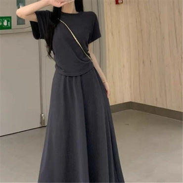 Professional Solid Color T-Shirt Top Skirt Suit - Polyester Flying Sleeves (Black/Gray, M-5XL, Temperament Commute)