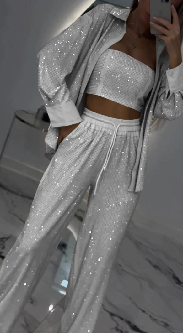 Loose Sequins Jacket Tube Top Three-piece Suit