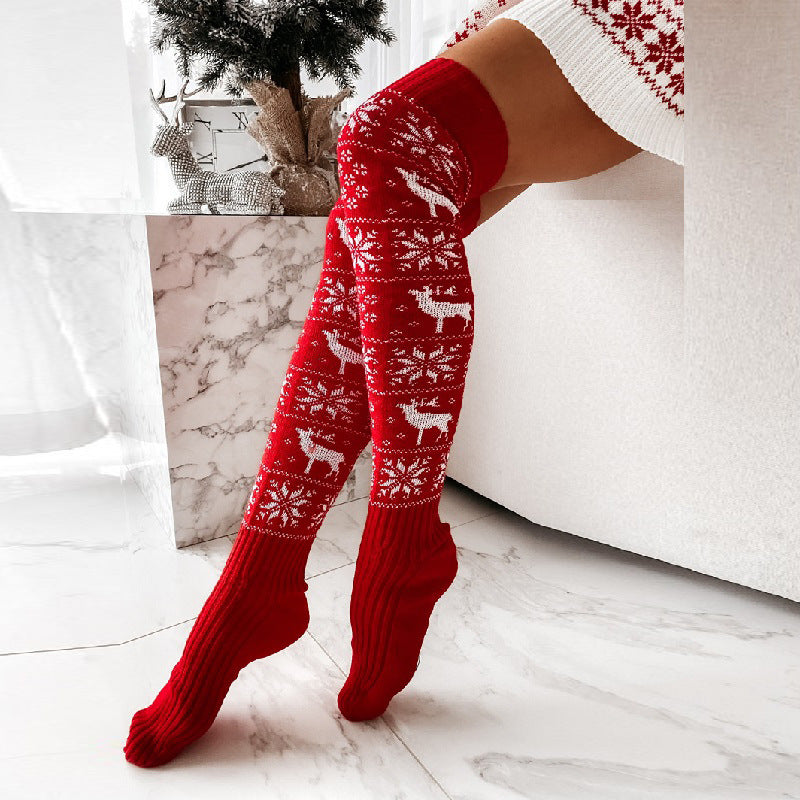 Vinter jul Varm stickad damstrumpa Vacker älg snöflinga jacquard över knäet Casual långa strumpor för dam presenter gratis storlek