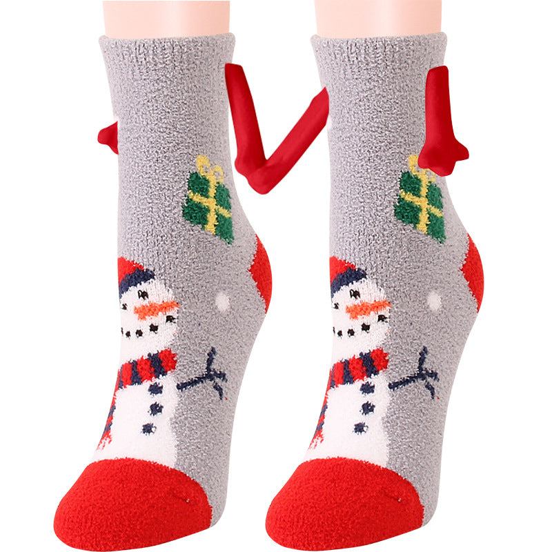 Jultillbehör Magnetsug Hand i Hand Parstrumpor Coral Fleece Tube Strumpor Varm Slipper Sängstrumpor Vinter Mjuk Varm Slipper