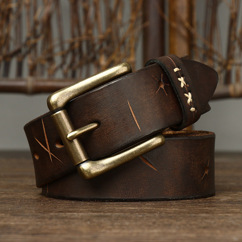 Men's Washed-Out Vintage First Layer Cow Leather Pin Buckle Jeans Belt - Authentic Character