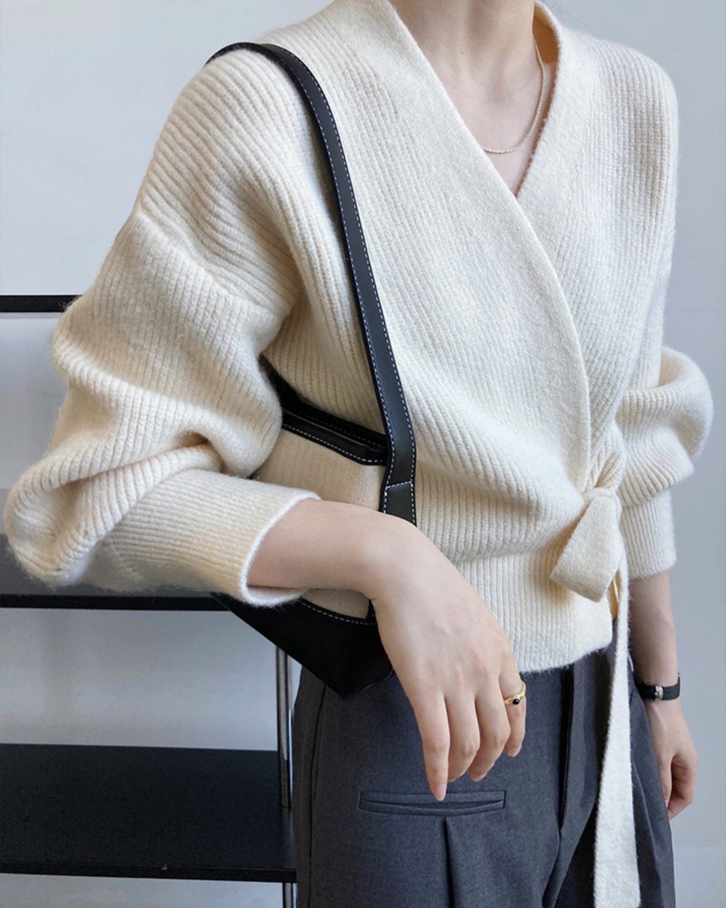 French Retro Knitted Cardigan Top - V-neck, Tie, Loose Fit, Handmade Spring Clothing