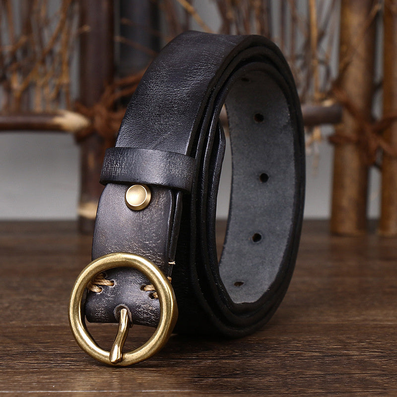 Women's Fashion Leather Jeans Belt Brass Buckle - Casual Chic