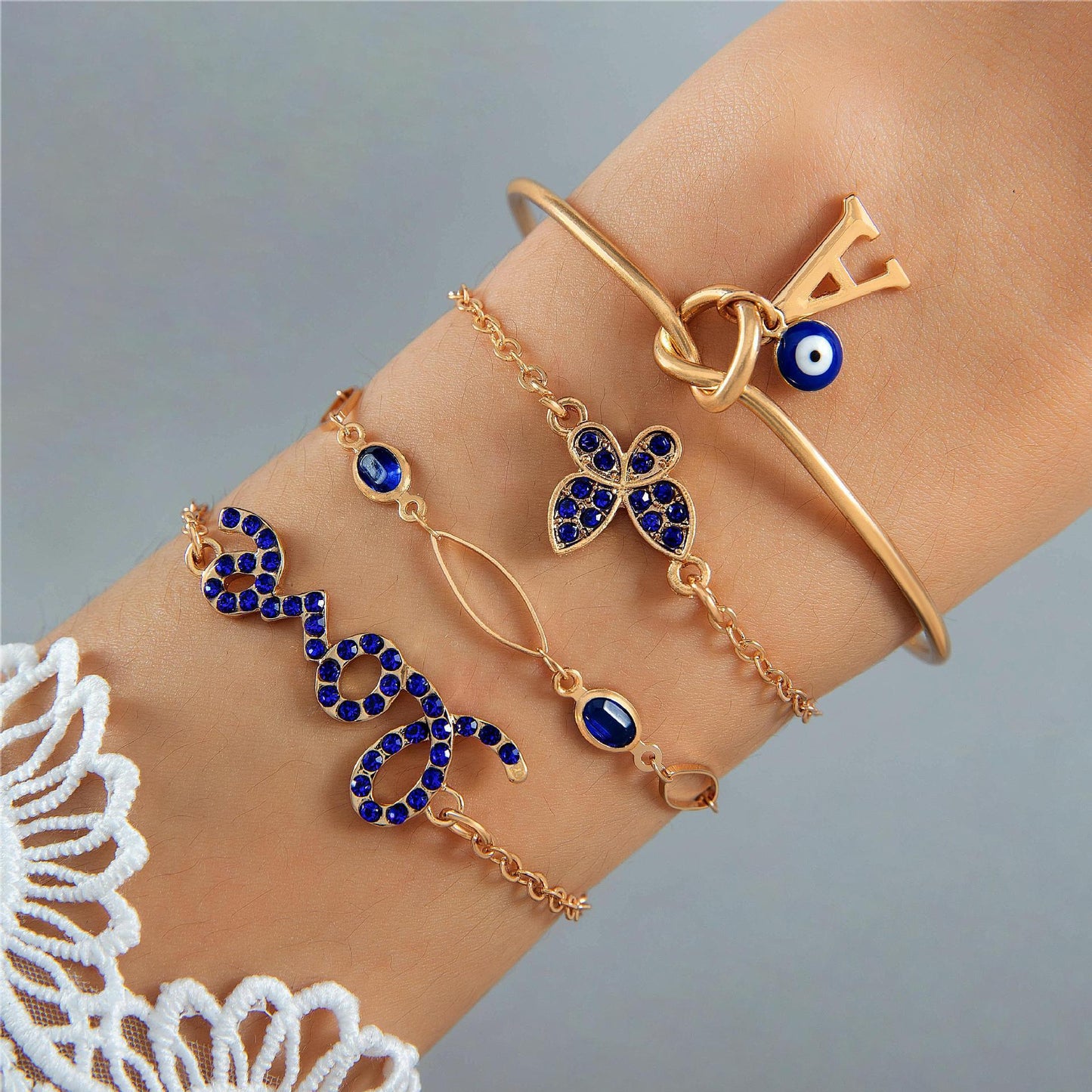 4st blå blomma kärlek fjäril armband set med strass design alla hjärtans dag