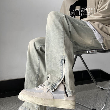Side Zipper Skinny Jeans For Men Retro Straight-leg Pants