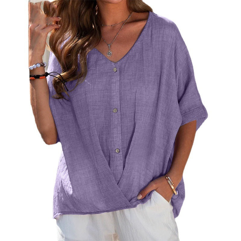 Elegant Women's Cotton Linen V-Neck Pullover - Short Sleeve Casual Top