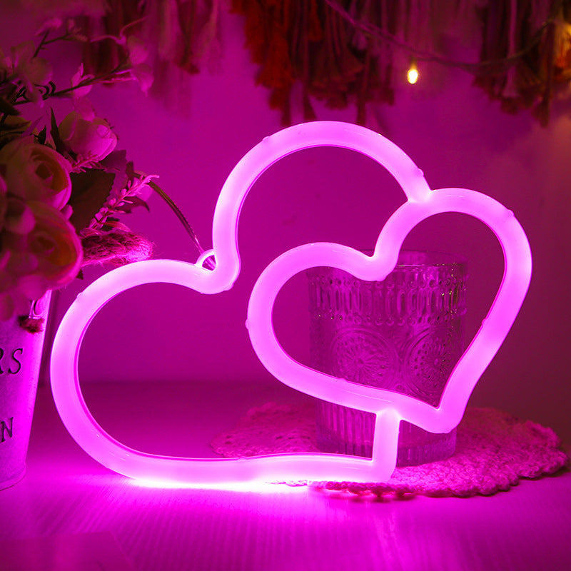 LED Néon USB Alimenté par Batterie Double Amour Chambre Décor Suspendu Maison Festive