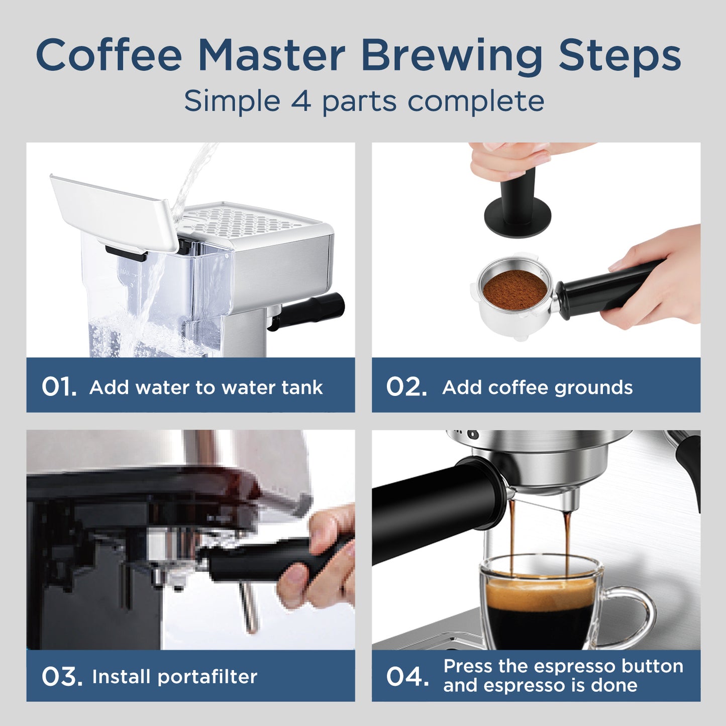 Geek Chef Espressomaskin, 20 bar espressomaskin med mjölkskummare för latte, cappuccino, macchiato, för hemmabruk, 1,8 liters vattentank, rostfritt stål, förbud mot Amazon