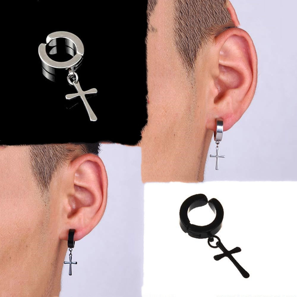 Boucle d'oreille à tige en acier titane avec aimant en zircon croix non percée pour hommes
