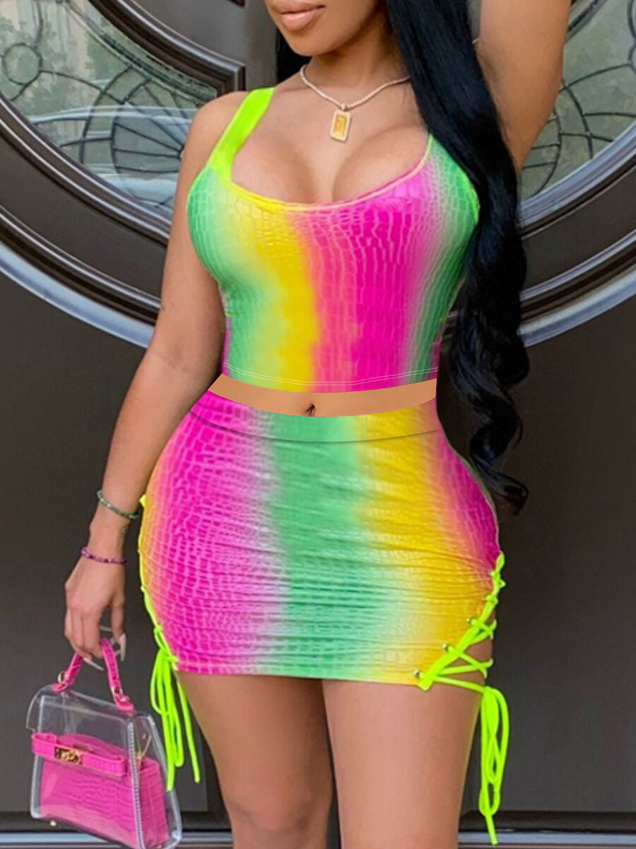 Clothes Explosion Style Rainbow Stripe West Cornice Two Pieces Set