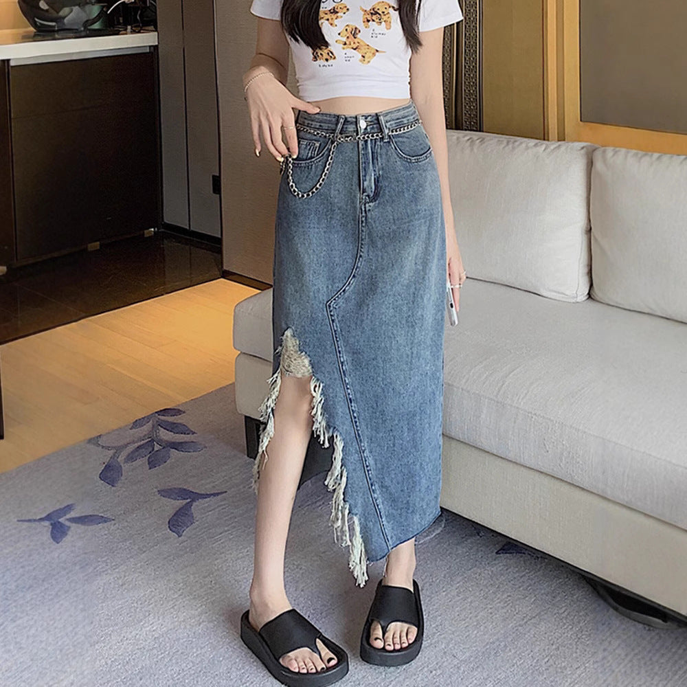 Women's Retro Denim A-Line Skirt - Irregular Slit Mid-Length