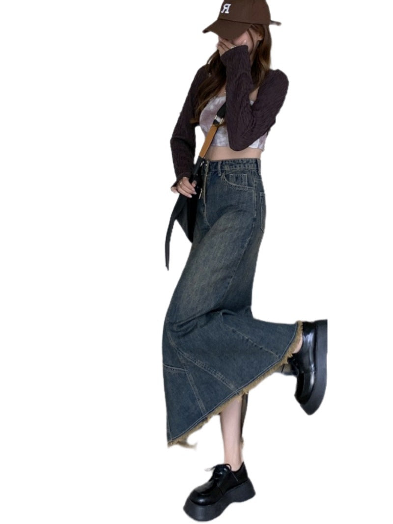 Niche Hot Girl Design Lotus Leaf Hip Fishtail Skirt Women's High Waist Slit Denim Skirt