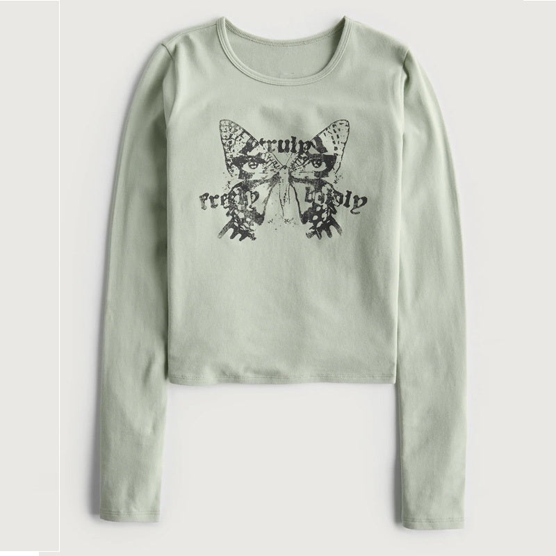 Vintage tryckt ärtgrön botten långärmad t-shirt för kvinnor