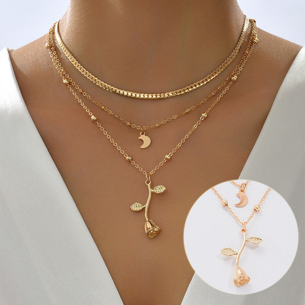Bohemiska flerskiktade månguldfärgade hängenhalsband för kvinnor rosblomma chokerhalsband 2025 modesmycken festpresent alla hjärtans dag-presenter