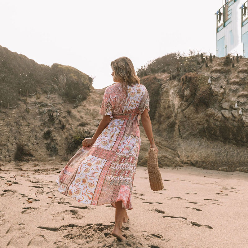 Robe bohème imprimée à fleurs pour femmes, vêtements de plage irréguliers