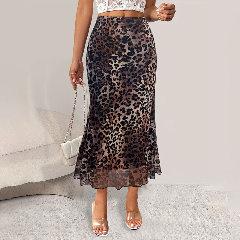 Sexy Leopard Print Stretch Mesh See-through Skirt