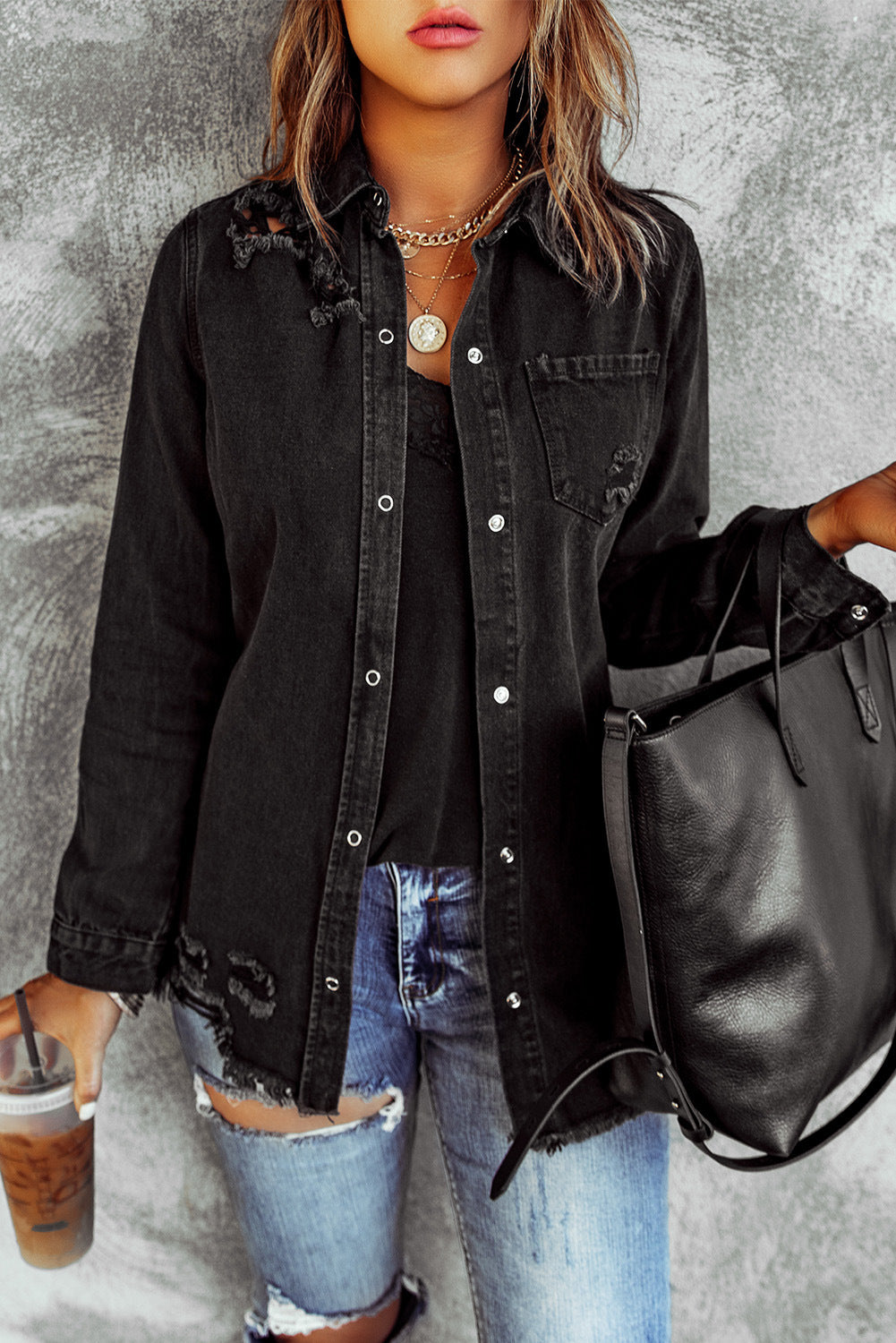 Black Ripped Shirt Denim Long Sleeve Coat Jacket Women - Trendy Comfortable High-Quality Flattering Stylish Edgy