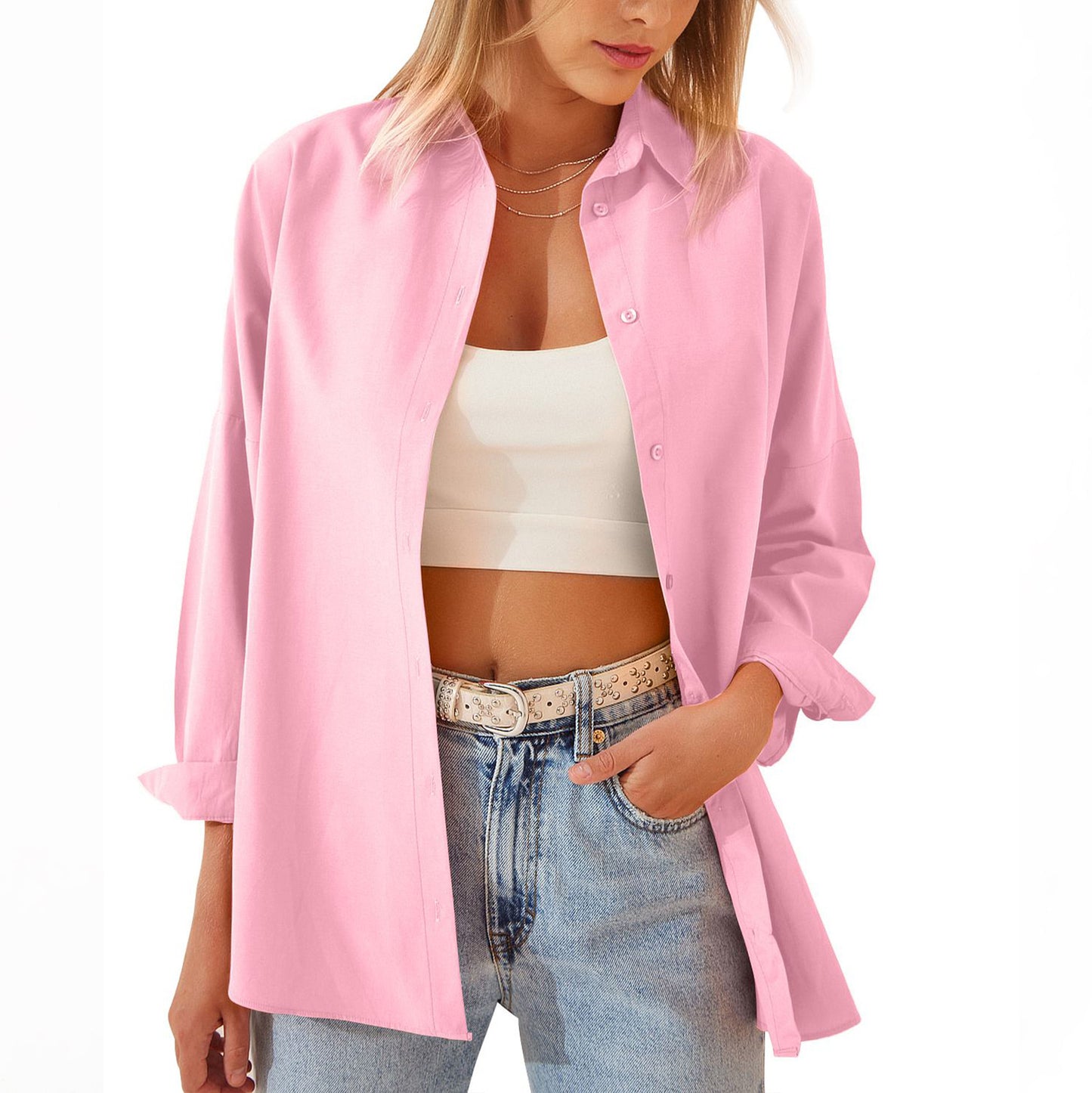 Veste chemise pour femme, chemisier à manches longues, hauts boutonnés, chemise couleur bonbon