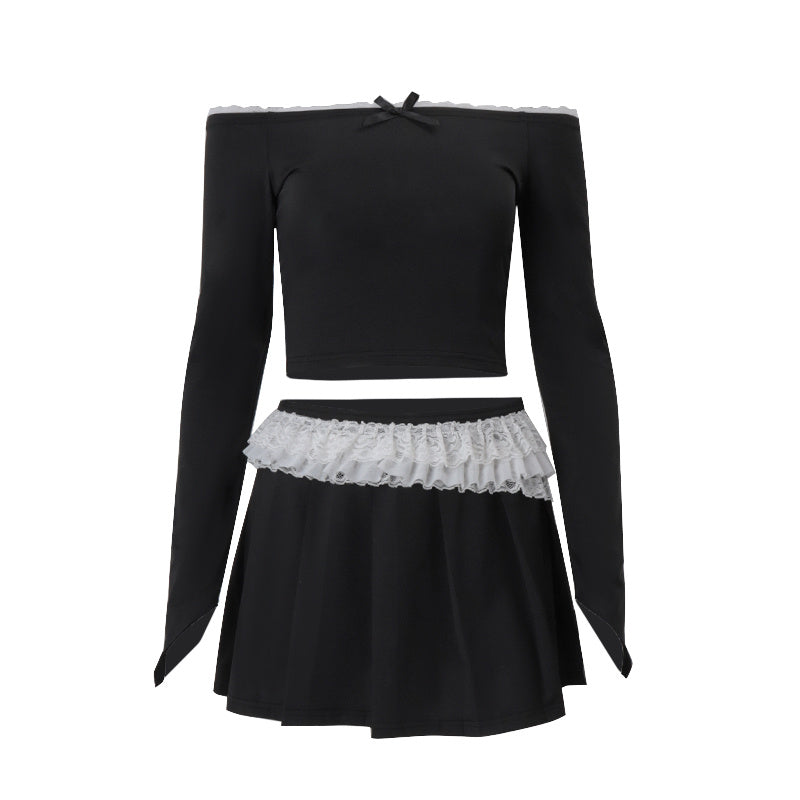 Pure Desire Wind Söt One Shoulder Rosett Långärmad Topp Halvkropp Kort Kjol Set