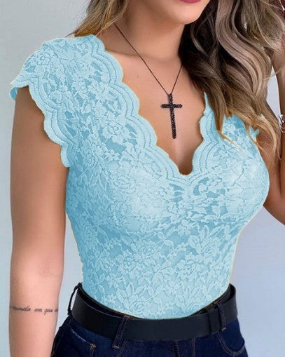 New Women Sexy V Neck Lace Vest Top - Sleeveless Solid Wire Free Tops