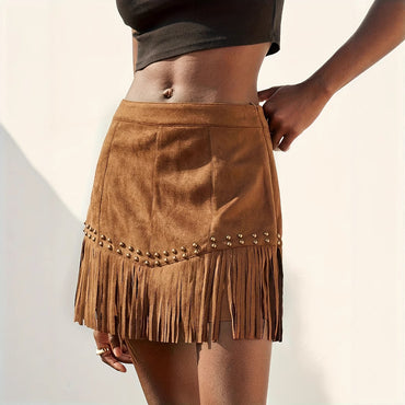 Holiday Fashion: Elegant Vacation Suede Fringe Rivet Short Skirt