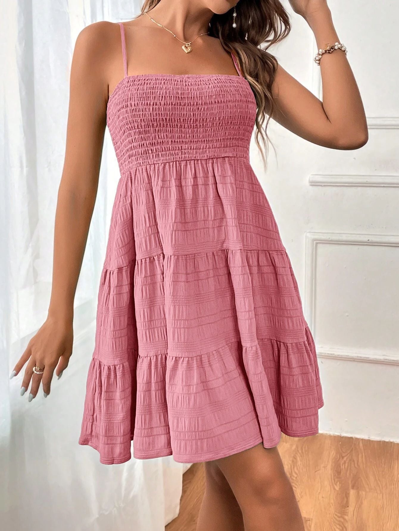 Summer Square-Collar Suspender Pleated Dress - Fashion Solid Color Beach Dress - Premium Polyester