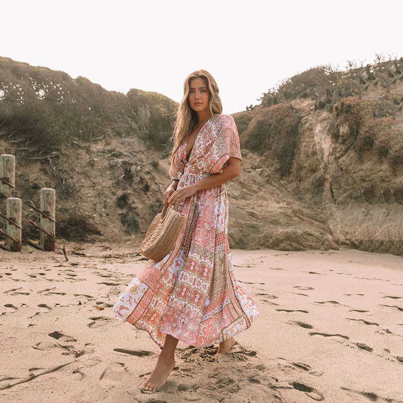 Robe bohème imprimée à fleurs pour femmes, vêtements de plage irréguliers
