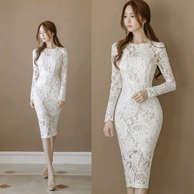 Robe longue en dentelle pour femmes, sac fin, hanche, mode, col rond, jupe étape