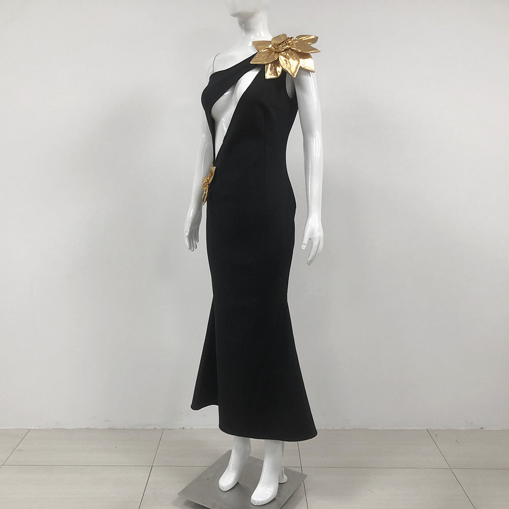 Slim-Fit Bandage Golden Flower Maxi Dress - Black Polyester