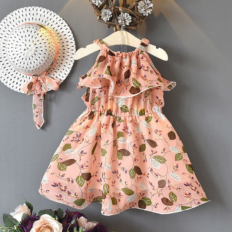 Robe pour enfants filles feuille en mousseline de soie sans manches vacances bohème