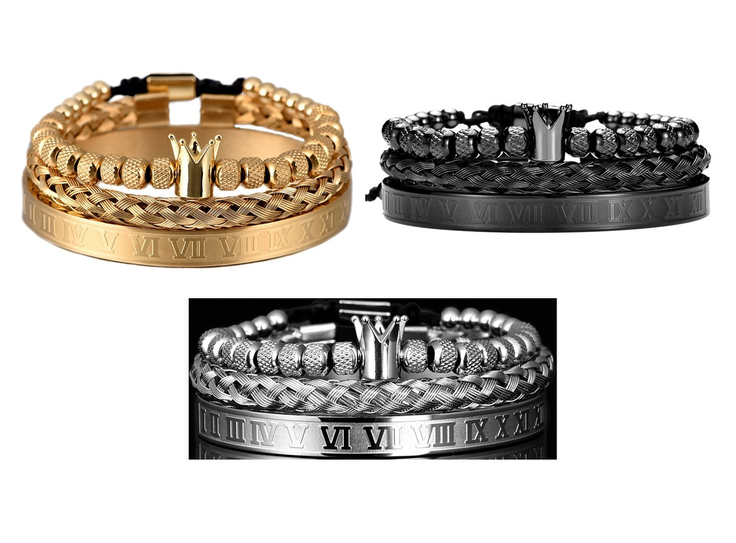 Lyxigt romerskt kungligt krona-berlockarmband för män i rostfritt stål med geometri, pulsera för män, justerbara armband för par, presentsmycken