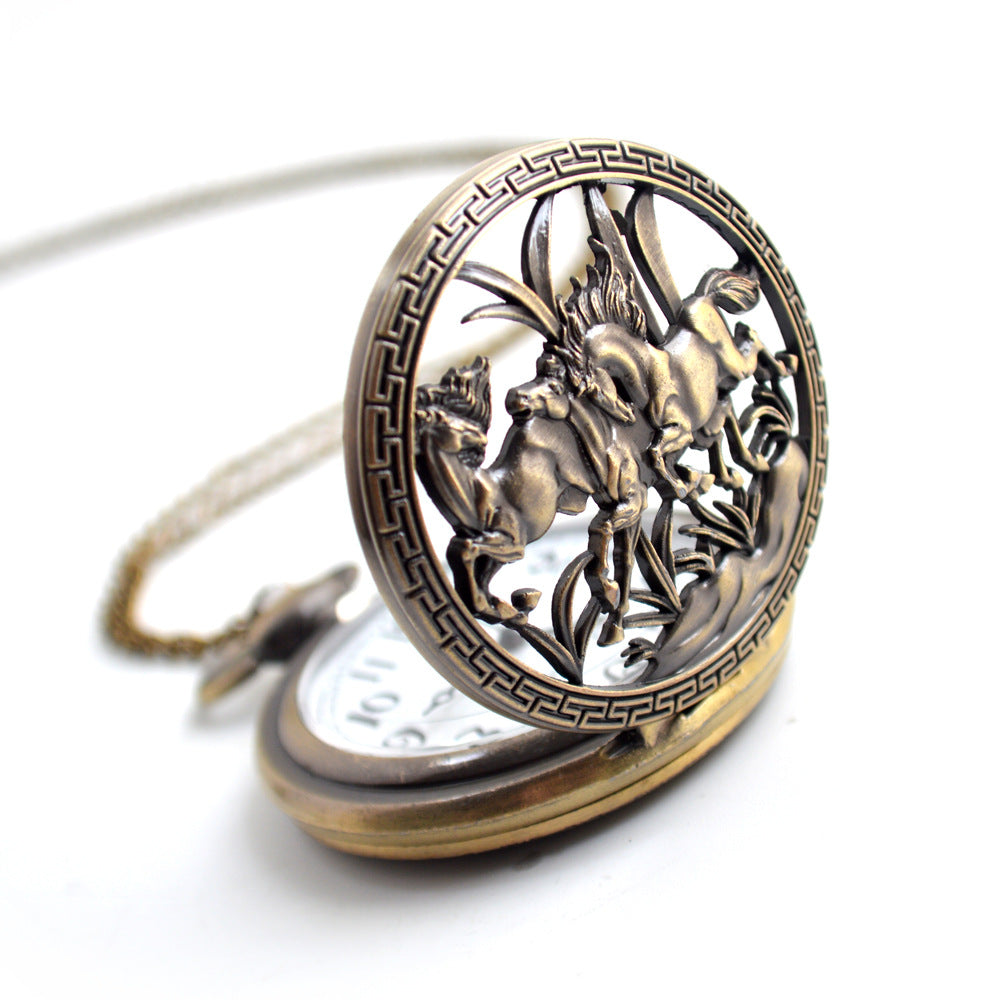 Men's Three Horses Skeleton Quartz Pocket Watch - Intricate Elegant Sophisticated Durable Reliable Artistic