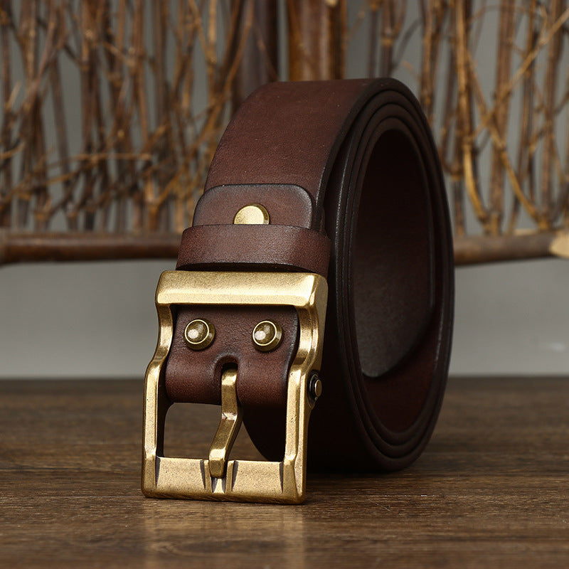 Men's Retro Washed Matte Top-Grain Leather Brass Buckle Belt - Sophisticated Texture