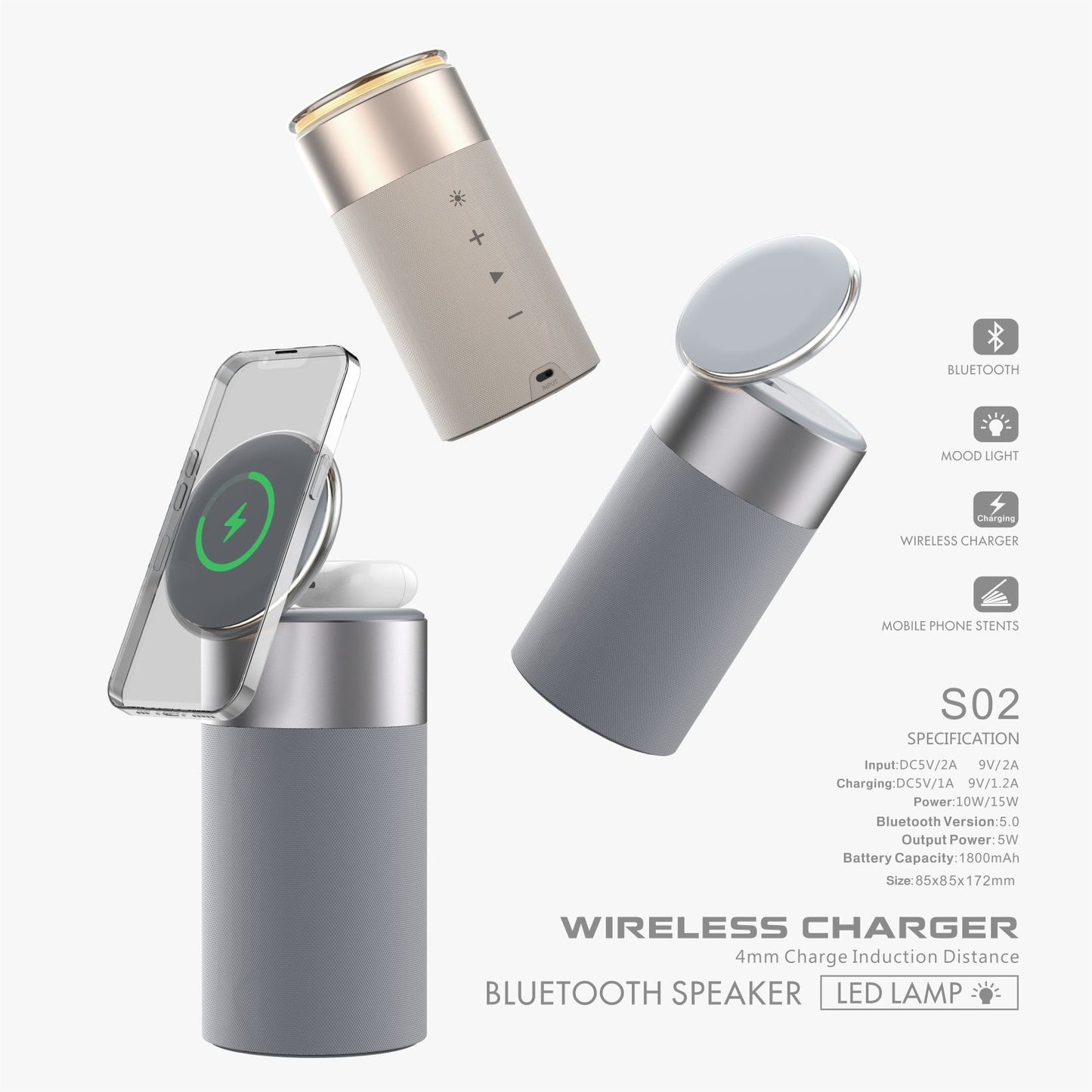 3-i-1 multifunktionell iPhone och AirPods trådlös laddare bärbar Bluetooth-högtalare med pekskärm för hem och kontor